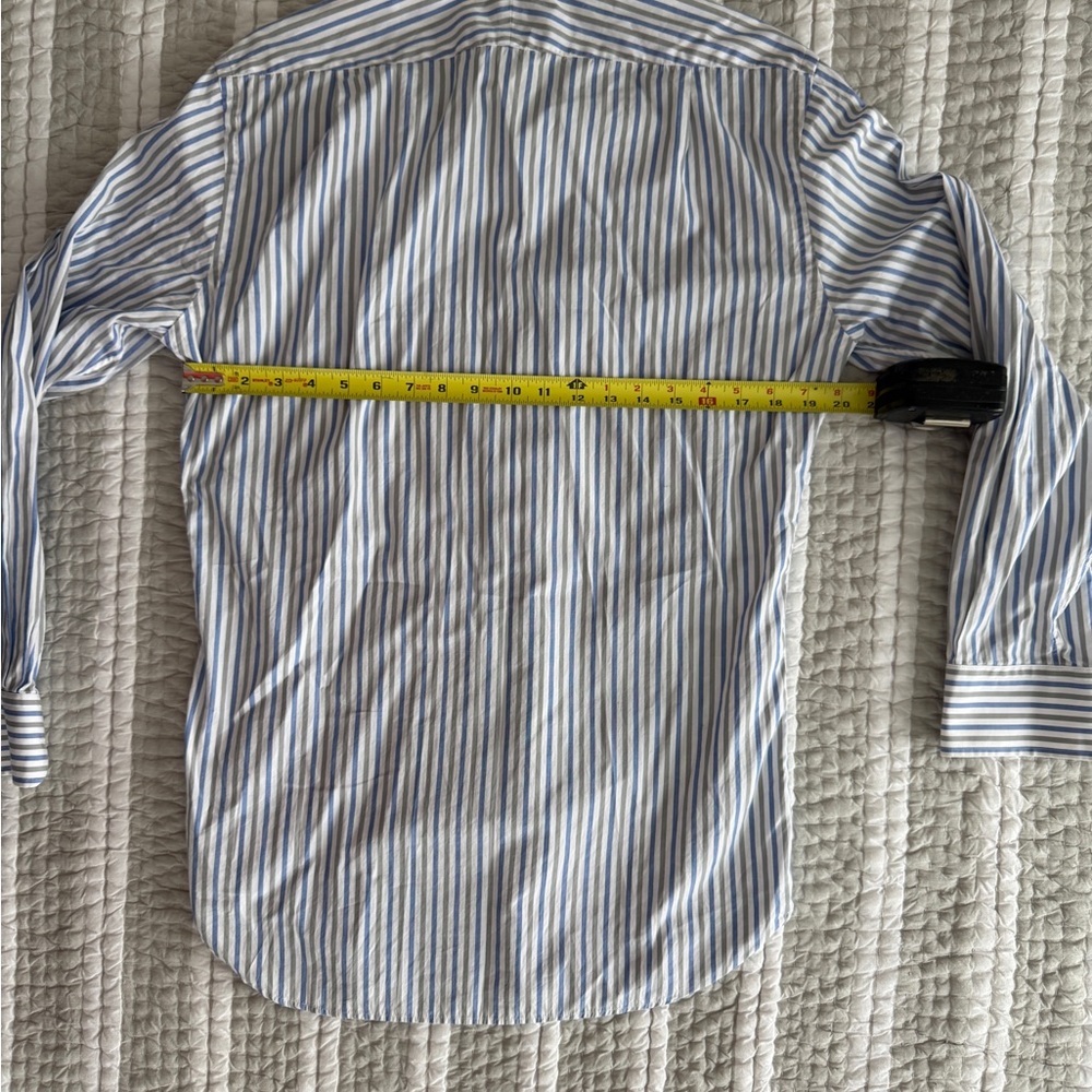 Men’s Peter Millar Blue and White Vertical Stripe Dress Shirt, Size Medium - Picture 4 of 8